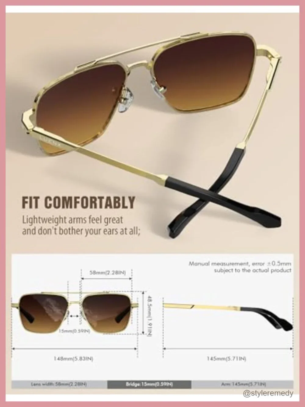 Polarized Aviator Square Sunglasses UV400 Protection Metal Frame Driving